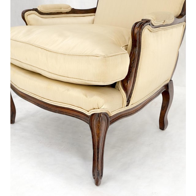 Mid 20th Century Pair Down Filled Cushions Silk Like Upholstery Carved Legs French Lounge Chairs For Sale - Image 5 of 15