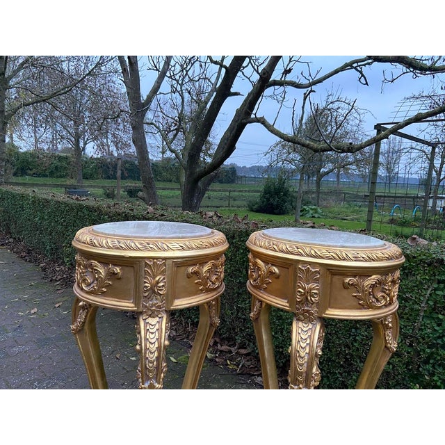 Late20C Artisan Louis XVI Gold Beech Marble Side Tables-Pair For Sale - Image 6 of 8