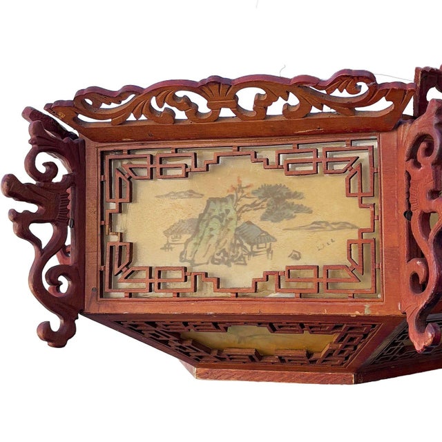 Wood 1950s Mid-Century Carved Chinese Rosewood Painted Lantern Hanging Chandelier Lamp For Sale - Image 7 of 14
