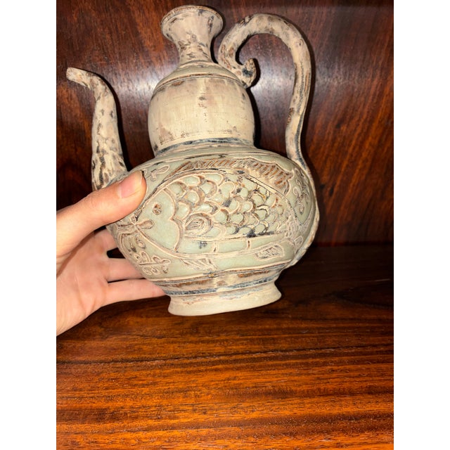Asian Antique Thai Si Satchanalai Ewer With Fish Motif 16th Century Very Rare For Sale - Image 3 of 10