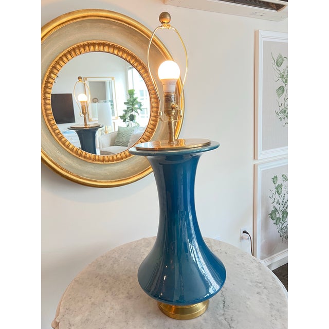 Transitional Visual Comfort & Co. Table Lamp — Lucent Aqua & Burnished Brass (34") For Sale - Image 3 of 5