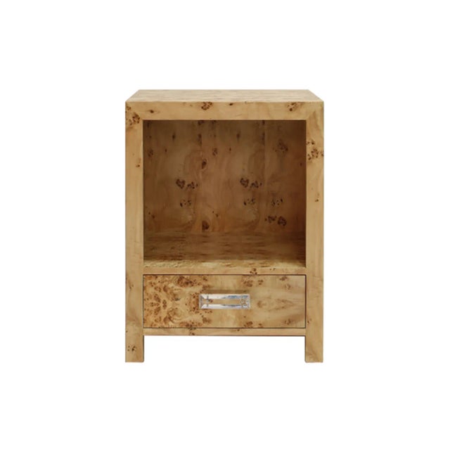 Contemporary Matthew Izzo Home Winnie Light Burl Wood One Drawer Side Table With Acrylic Drawer Pull For Sale - Image 3 of 3