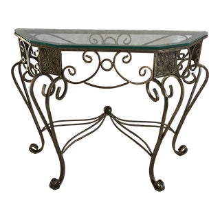 Late 20th Century Iron Half Moon Beveled Glass Top Table Aged Brass Finish For Sale