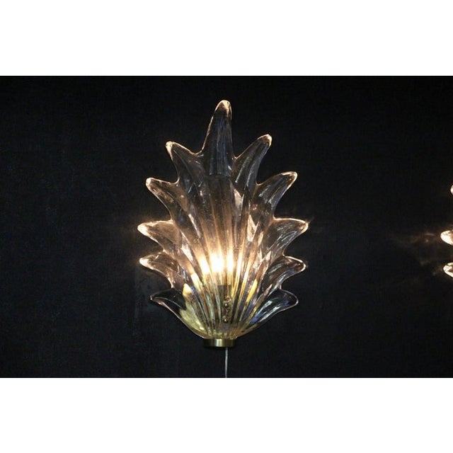 Clear Murano Glass Leaf and Brass Sconces by Barovier, 1980s, Set of 2 For Sale - Image 10 of 16