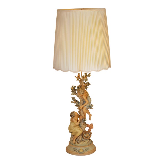 Large Vintage L&f Moreau-Style Figural Table Lamp – “The Apple Pickers” – 1981 Provenance For Sale