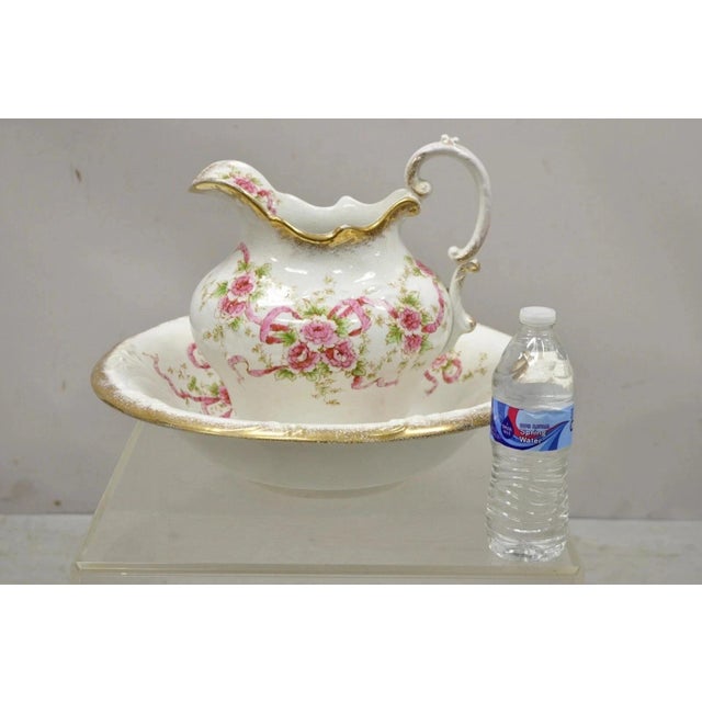 Antique W.H. Tatler Porcelain Pink Rose Flower Victorian Bath Wash Basin - 4 Pc Set For Sale - Image 10 of 12