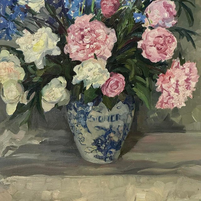 Antique Framed Oil Painting on Canvas by Lucien Hock (1899-1972), Floral Still Life in Delft Pot, Dated 1949 For Sale - Image 13 of 17