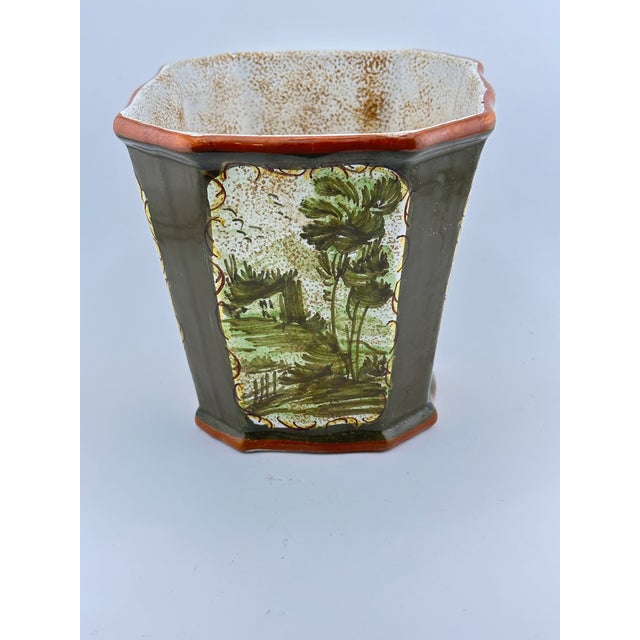 Vintage octagonal hand painted cachepot decorated with floral scenery from Meiselman Imports, Italy. This is a pre-owned...