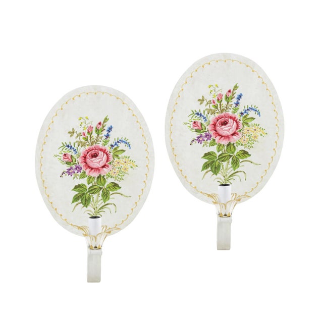 Vintage English Hand-Painted Floral Decor Metal Wall Lamps give the room a rustic aesthetic and great decorative effect.