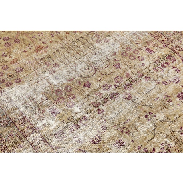 Shabby Chic Antique Kerman Rug With Distressed Gold & Mulberry Floral Motif For Sale - Image 3 of 8