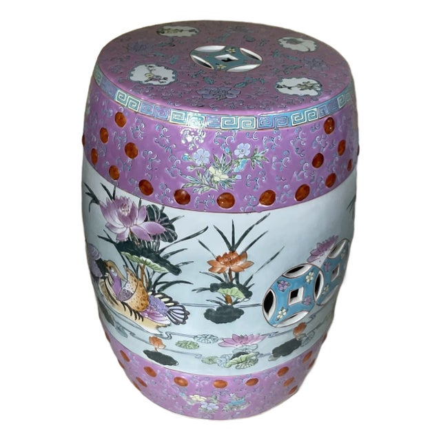 Vintage 1960s Mid-Century Chinese Famille Rose Pink Ceramic Garden Stool For Sale