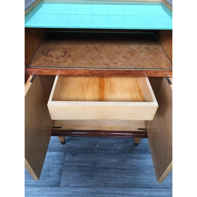 Vintage bedside table of the 1940s In beech root and support top in green glass Double door with two brass handles Has an...