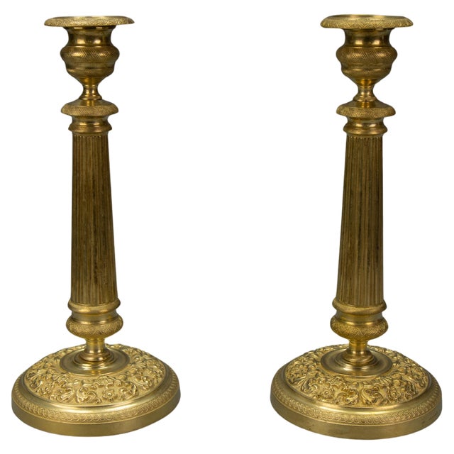 Antique French Brass Candlesticks with Floral Motifs, 1920s, Set of 2 For Sale