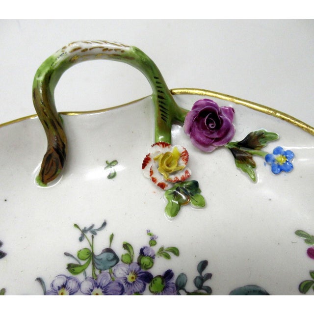 Antique Pair German Dresden Meissen Still Life Flowers Cabinet Leaf Form Plates For Sale - Image 6 of 9