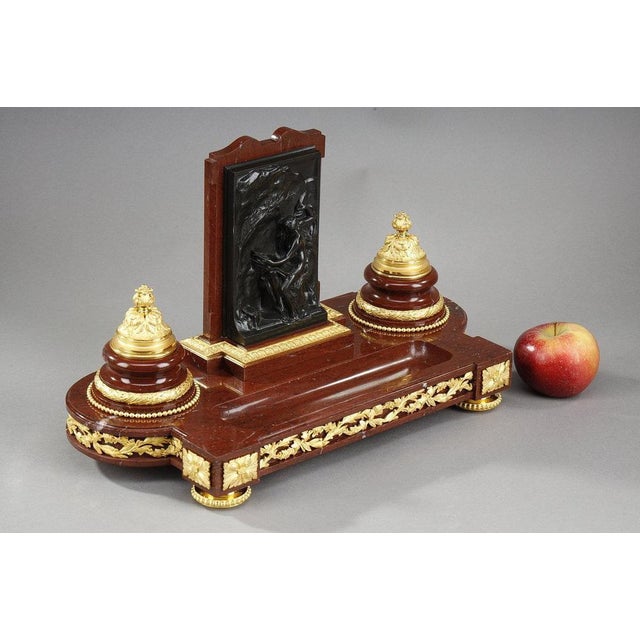 Inkwell in Red Marble with Allegory in Gilt Bronze by Henri Chapu For Sale - Image 3 of 15