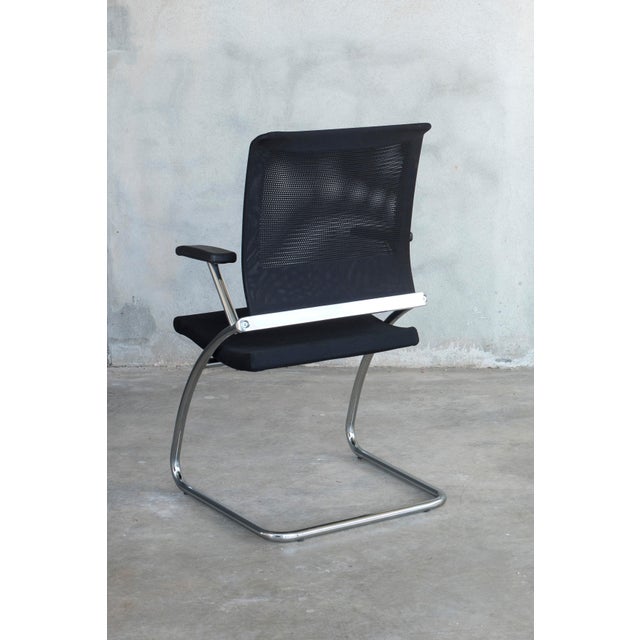 Technical Chromed Steel Desk Armchairs with Black Upholstery, 1980s, Set of 8 For Sale - Image 4 of 17