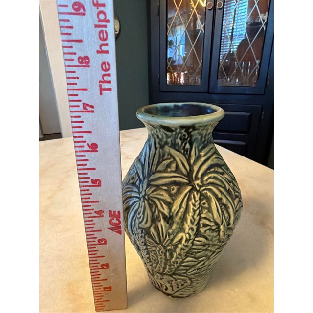Ceramic Antique Weller Marvo 1920s Art Deco Pottery Green Palm Frond 7" Vase For Sale - Image 7 of 7