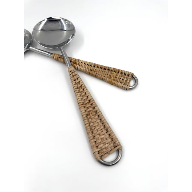 Cinnamon Handmade Stainless Steel & Rattan Woven Handle Salad Server Set, Handcrafted in India - 2 pcs For Sale - Image 8 of 8