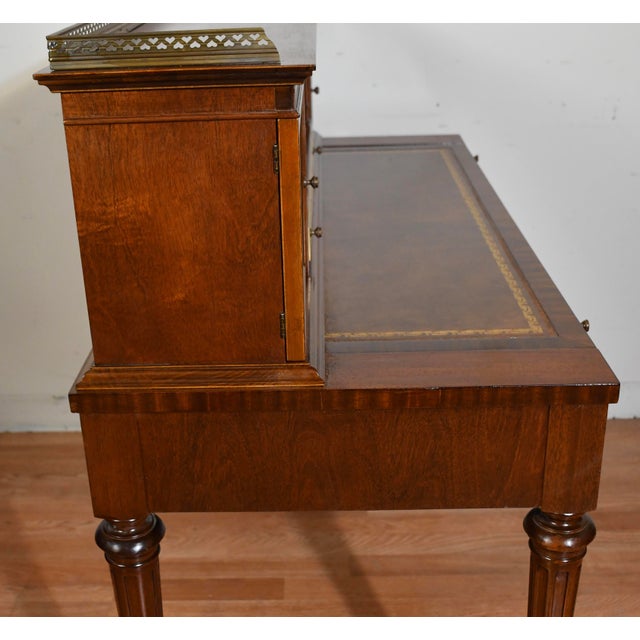 Wood 1930s Wieman Hepplewhite Style Leather Top Mahogany Inlaid Writing Desk With Bookcase For Sale - Image 7 of 18