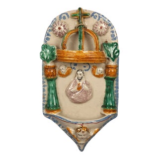Holy Water Wall Stoup in Caltagirone Polychrome Majolica, 1950s For Sale