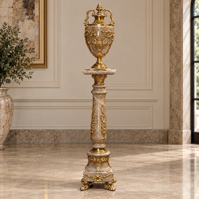 Make a striking statement with this exquisite French-style porcelain vase on pedestal, featuring a rich beige finish...
