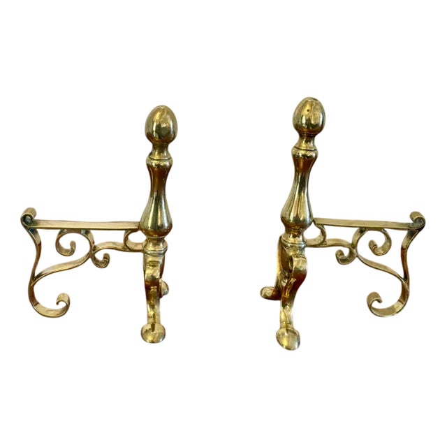 Antique Victorian Brass Fire Dogs, 1860s, Set of 2 For Sale