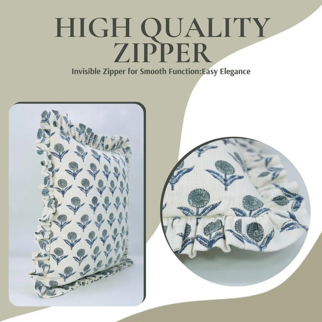 Art Deco Fabdivine Indian Block Print Frill Cushion Cover Blue 20x20 Inch Off-White Linen- Gendapushp For Sale - Image 3 of 5