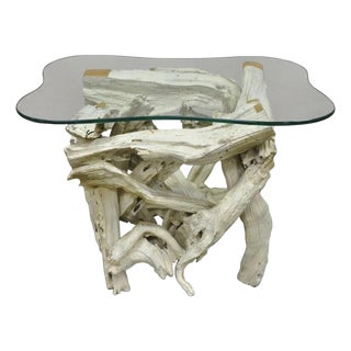 Vintage Mid Century Modern White Driftwood Base Glass Top Side End Table For Sale
