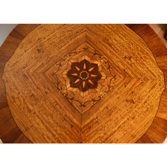 1910s Antique French Louis XV Walnut & Satinwood Inlay Round Center Table For Sale - Image 4 of 14