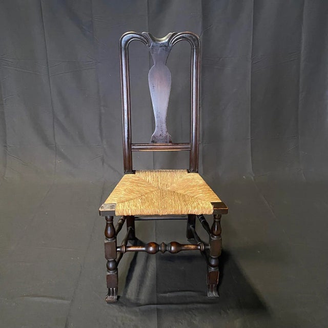 Queen Anne Antique Ebony Queen Anne Rush Seat Dining Side Chairs -Set of 5 For Sale - Image 3 of 10