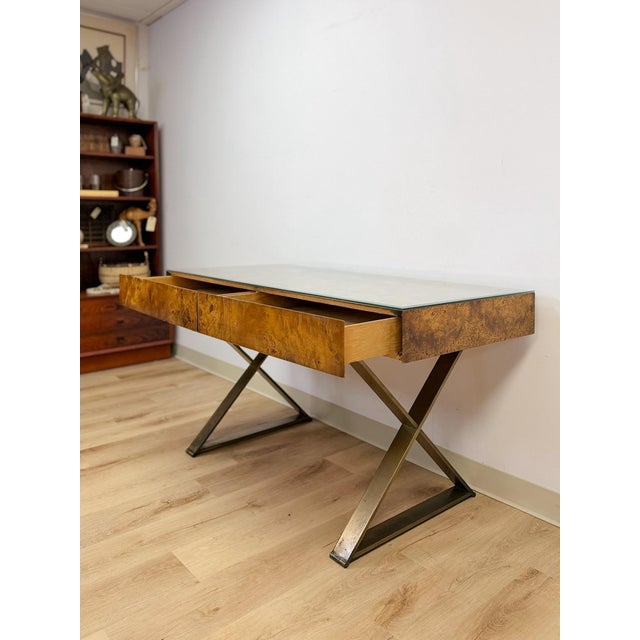 Vintage John Stuart MCM Burlwood Executive Desk Bronze Legs Glass Top Collectable For Sale - Image 10 of 13