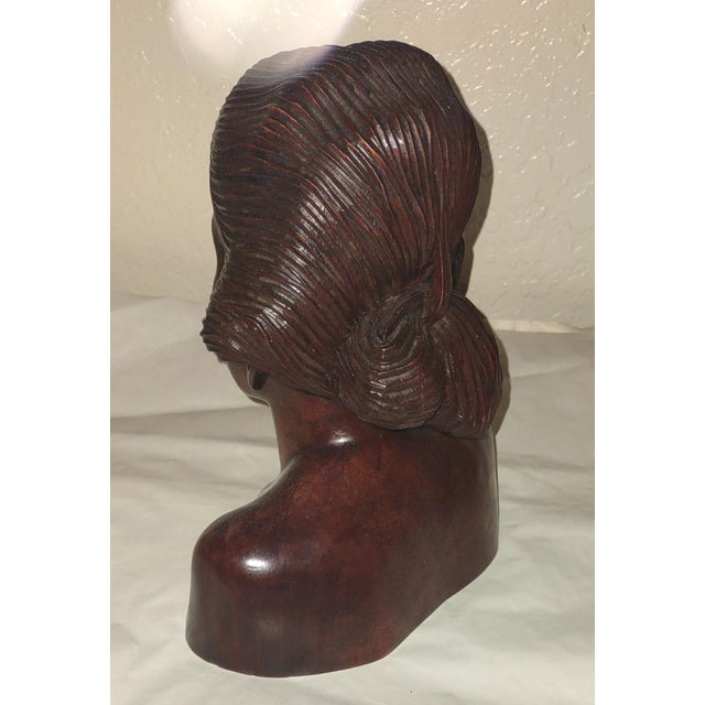 Asian Antique Vintage Hand-Carved Balinese Teak Bust Sculpture Artist Signed by Fatimah Damek For Sale - Image 3 of 4