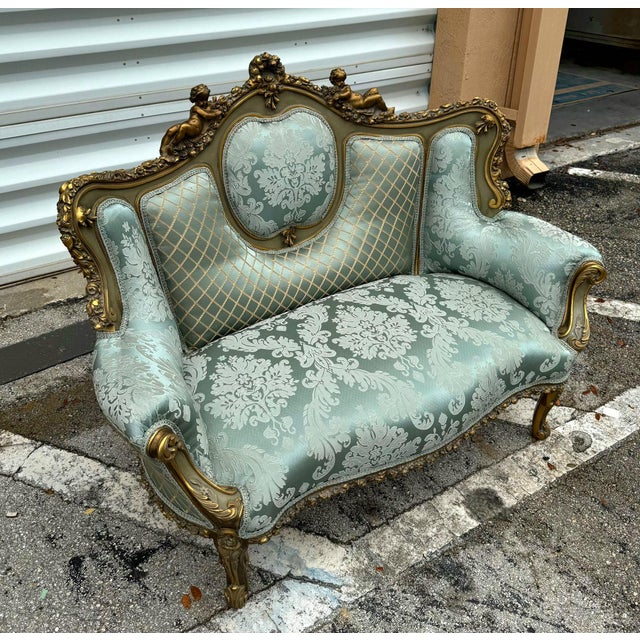 Rococo French Rococo Style Sofa Sky Blue Color and Gold Leaf Details For Sale - Image 3 of 8