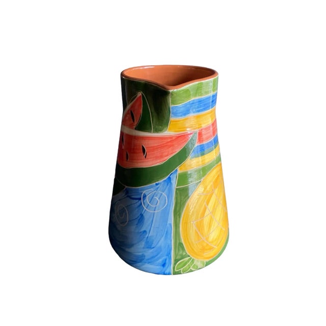 Rustic European Hand Decorated Portuguese Pottery Pitcher With Watermelon Pineapple Motif For Sale - Image 3 of 10