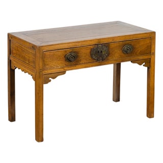 Chinese Late Qing Dynasty Elm Desk with Two Drawers and Ornate Brass Hardware For Sale