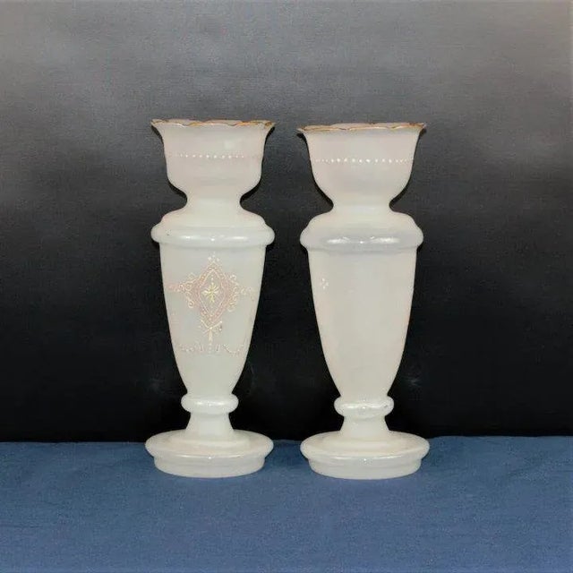 A nice pair of Bristol glass vases. There is considerable ware but no breaks, cracks or dings. Priced accordingly Size:...