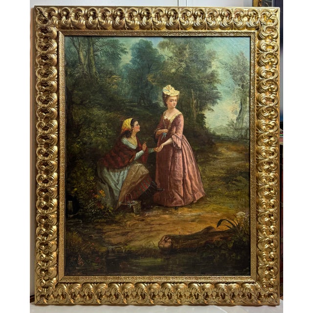 Large 19th Century Victorian Painting of Ladies on a Wooded Path For Sale - Image 4 of 11