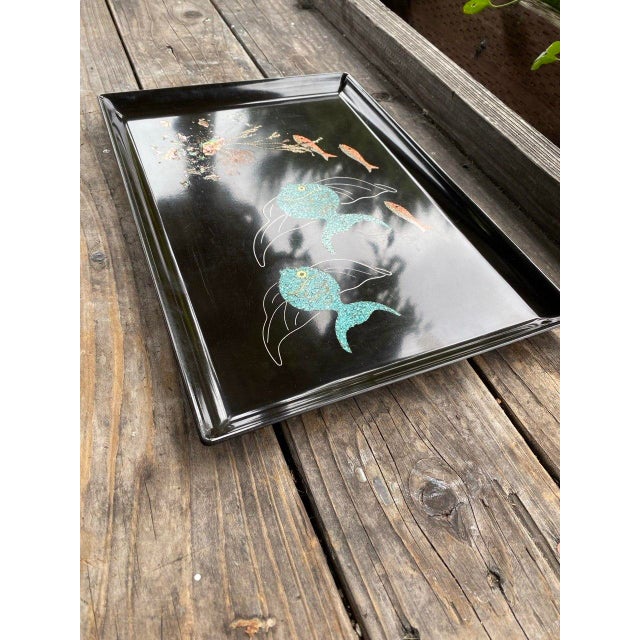 Mid-Century Modern Vintage Couroc of Monterey Turquoise Angel Fish Tray With Genuine Abalone and Seaweed Inlay For Sale - Image 3 of 14