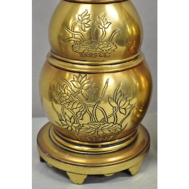Vintage Chinoiserie Brass Stacked Beehive Table Lamps With Floral Etching - Pair For Sale - Image 4 of 9