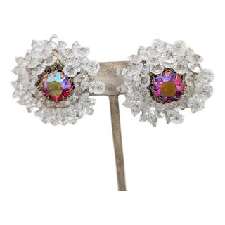 Vintage 1960s Signed Vendome Aurora Borealis & Clear Beaded Clip Earrings-2 Pieces For Sale