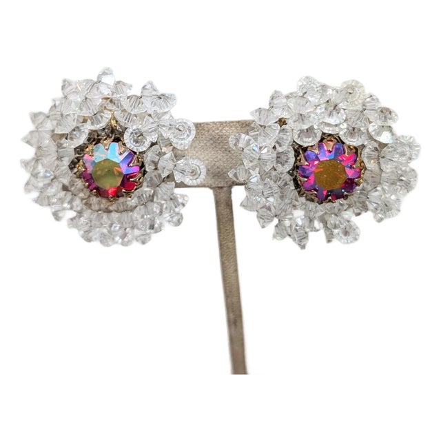 Vintage 1960s Signed Vendome Aurora Borealis & Clear Beaded Clip Earrings-2 Pieces For Sale