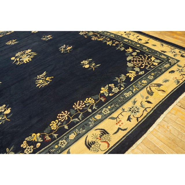 Navy Blue 1920s Navy Blue Floral Deco Antique Chinese Peking Knotted Rug 11'9'' X 14'3'' For Sale - Image 8 of 12