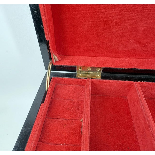 Large Vintage Chinese Black Lacquer Jewelry Box With Ornate Brass "Fu" Detail For Sale - Image 4 of 11