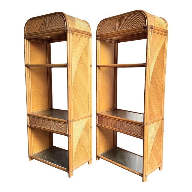 Late 20th Century Boho Chic Wavy Pencil Reed Etageres - A Pair For Sale