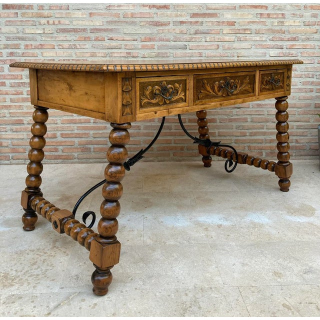 19th-Century French Hand Carved Oak Desk with Iron Stretcher & Solomonic Legs For Sale - Image 3 of 18