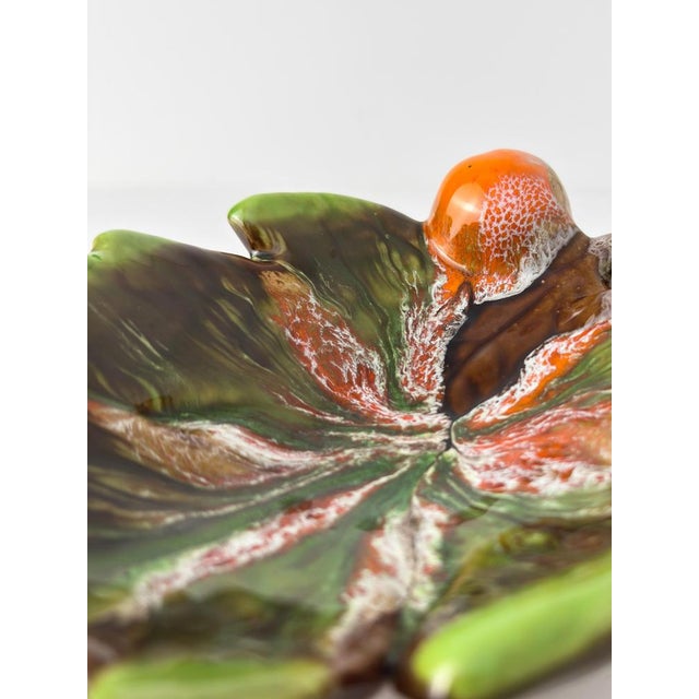 Ceramic Drip Glaze Vine Leaf Dish in Green and Orange from Vallauris, France, 1960s For Sale - Image 9 of 11