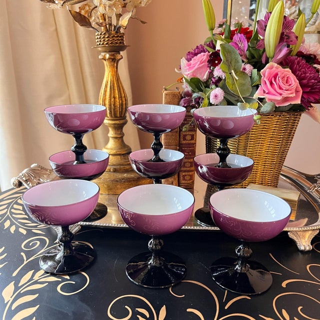Purple 1960s 9 Carlo Moretti Amethyst cased glass coupe glasses // eggplant or raisin colored blown glass // purple and white colored glass stemware For Sale - Image 8 of 13
