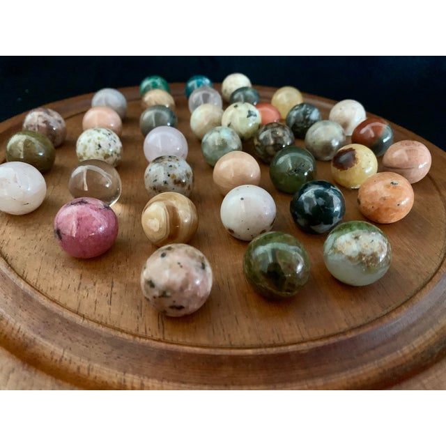 Vintage Wooden Peg Solitaire Game Set 37 Semi Precious Gemstone Mineral Marbles For Sale - Image 6 of 15