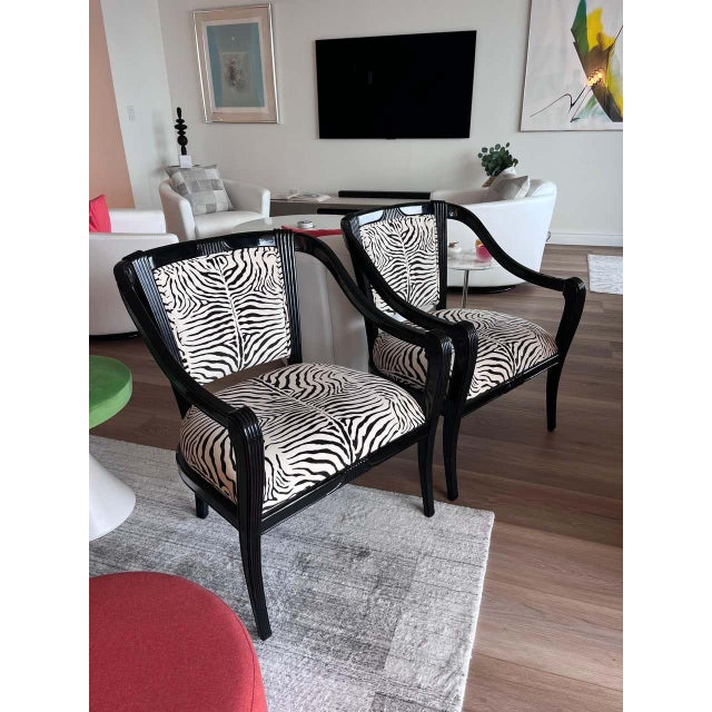 Super chic sophisticated pair of cotton velvet zebra upholstered armchairs having black semigloss wooden frames with...