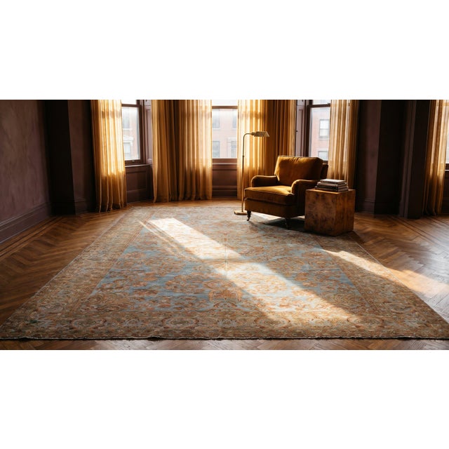 Charming Decorative Sky Blue Ground Color With Intricate Medallion Design Antique Persian Malayer Rug For Sale - Image 14 of 15
